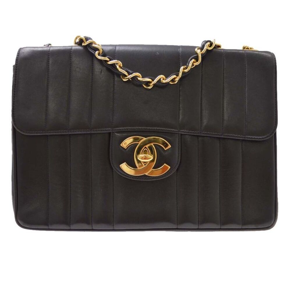 Chanel Vintage Classic Single Flap Vertical Quilt Lambskin Black Leather Handbag